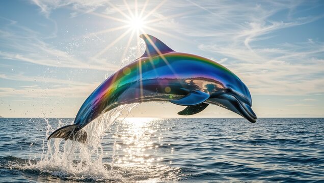 Metallic rainbow dolphin jumping out of ocean water against bright sun. Magical marine creature in sea. Creative fantasy animal artwork for nature concept and aquatic wildlife design.