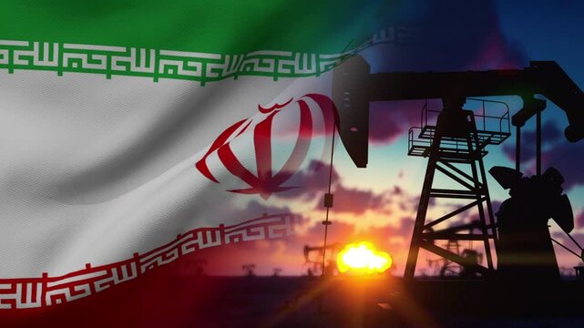 Iranian flag waving over oil pumpjacks against a sunset sky footage