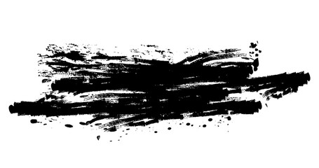 Obraz premium Hand drawn black Ink brushstroke and paintbrush template with splashes grunge isolated on transparent background. Detailed paint splashes. Grungy stripes pattern. Vector PNG