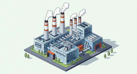Isometric Factory Building with Smokestacks.