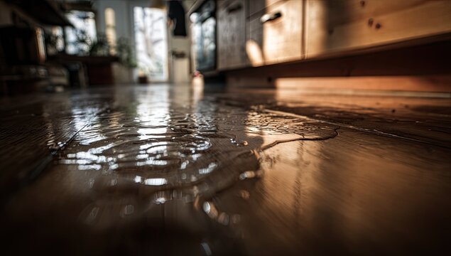 Water damage on wooden floor in a home kitchen.