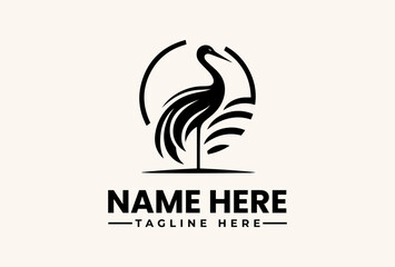 Fototapeta premium A black logo featuring a stylized bird within a circle, accompanied by placeholder text for a name and tagline on a beige background, presented in a vector illustration style.