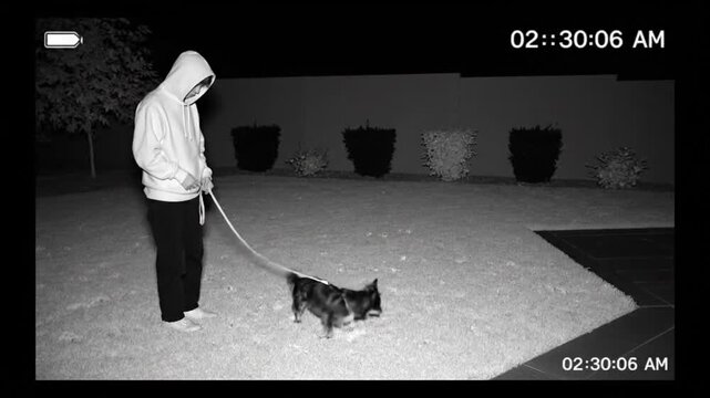 A hooded person walks a small dog on a leash across a dimly lit backyard at night, captured in grainy black-and-white security footage.