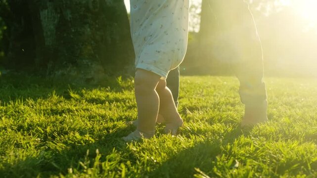 Walking children's bare feet on a green lawn close-up. Child  learns to take the first steps.  Baby learns to walk with the help of his mother on a green grass in the park. Real time 4k video.