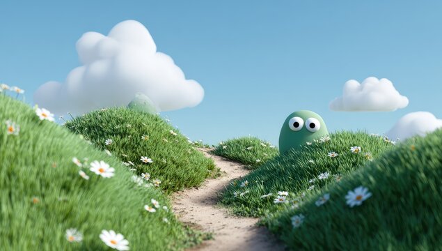 Cute Green Creature Peeking from Lush Greenery on Sunny Day.