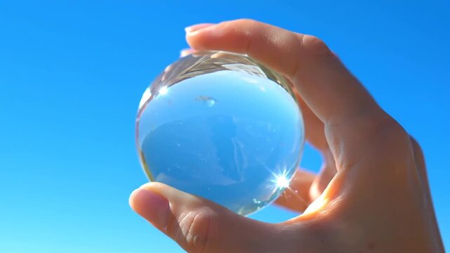 A hand gently holds a crystal ball against a clear blue sky, capturing the sun&rsquo;s glow and sky&rsquo;s reflection inside the sphere across eight seconds of serene motion.