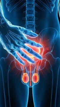A 3D animation of a translucent blue human model with a hand placed over it, highlighting the red glow around the bladder in the lower abdomen, indicating pain and inflammation.