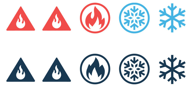 Fire and snowflake warning icon set, hazard symbols for flammable substances and cold temperature risks designed for safety signage industrial labels laboratory warnings chemical storage notices 