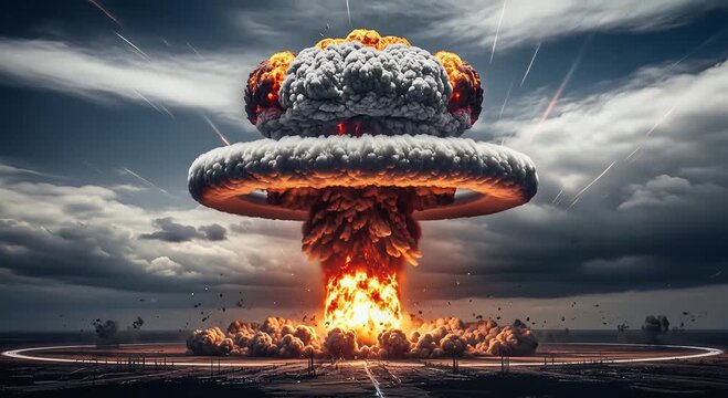 nuclear detonation over ocean with mushroom cloud and fiery blast