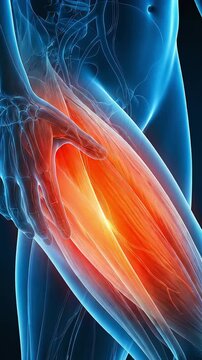 A muscular blue leg model with the quadriceps muscles on the front of the thigh glowing intense red, a 3D animation of pain with a hand placed on it