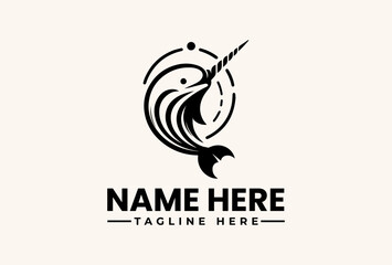 A stylized black narwhal logo with swirling lines and a placeholder text on a beige background, featuring a vector illustration of a mythical sea creature with a horn. © vectorvovdesign