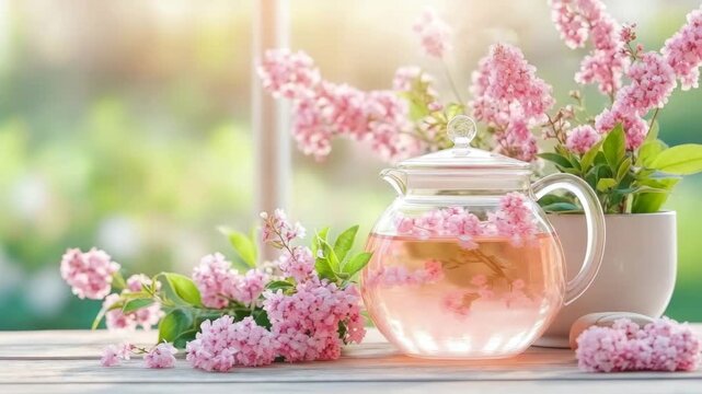 Delicate pink blossoms infuse clear glass teapot with fragrant spring essence on sunlit wooden surface