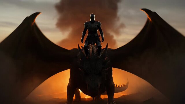 Epic mythical fantasy flight as magnificent dragon warrior rider soars through dramatic fiery sky. heroic adventure of triumph and unwavering determination unfolds