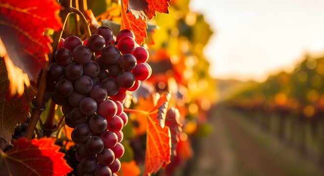Ripe Red Grapes Growing in Sunlit Vineyard