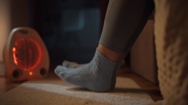 A young girl cozies up on a sofa, warming her chilly feet with a portable floor heater, maintaining a snug house temperature and optimal comfort, ensuring the air feels just right with powered heating
