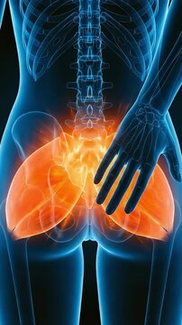 A 3D image of the back of a blue human body model, with the muscles on both sides of the buttocks glowing red, and one hand placed on it to express sciatica and pain.