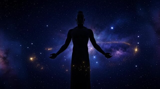 Majestic silhouette of man with arms open against vast cosmic space. Glowing galaxy and dark universe unfold, embodying deep spirituality, immense power, profound infinity, divine creation