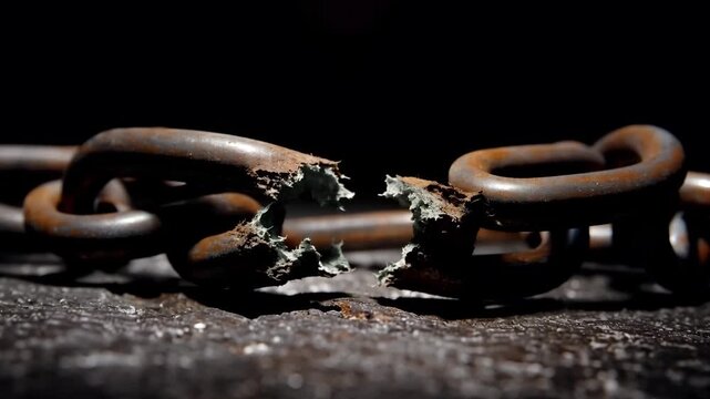 A broken metal chain lies on a dark surface in this dramatic video
