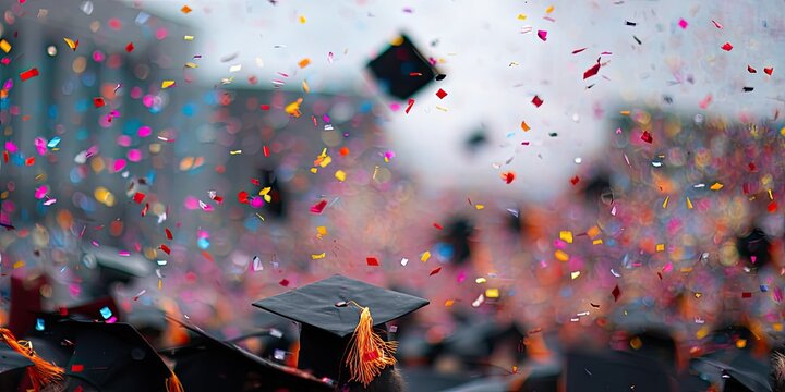 Graduation Ceremony Celebration with Confetti and Caps Thrown in the Air.