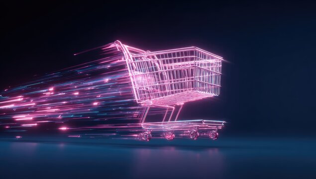 Futuristic Neon Shopping Cart Speeding Through Digital Space.