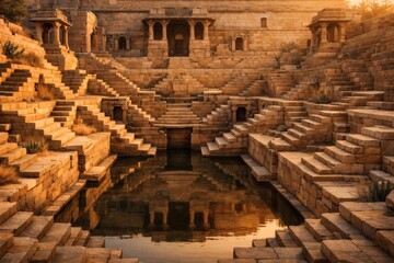 Naklejka premium Golden sunrise illuminating terraced stepwell geometry with soft reflections, ancient Gujarati stone architecture surrounded by desert plants and calm atmosphere