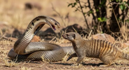 Serpent and small mammal prepare for confrontation on arid ground