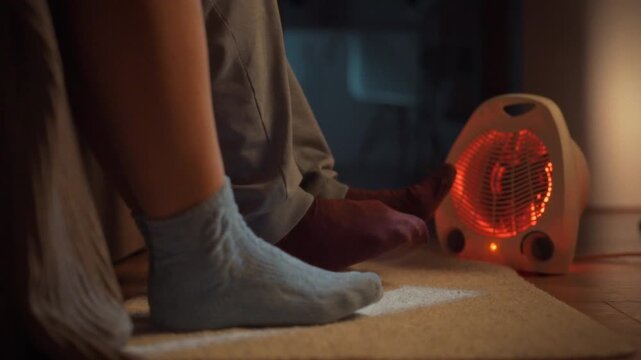 Couple snuggles on sofa, warming their feet in winter socks beside portable electric heater on floor, bathed in the soft red glow of evening comfort and relaxation, enjoying cozy atmosphere at home
