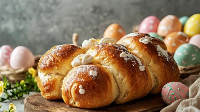 A delicious Easter bread on a wooden cutting board surrounded by colorful eggs and flowers in a cozy video setting.