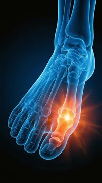 Animated anatomical diagram showing pain at the base of the big toe, hallux valgus, and gout