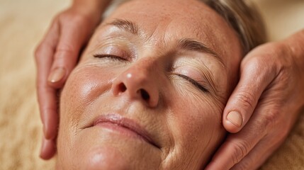 Fototapeta premium An adult woman gets a facial massage, hands on her face, eyes closed, smiling. Spa treatment.