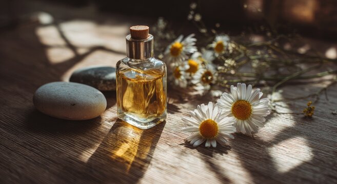 Natural Perfume Bottle with Chamomile Flowers and Stones.