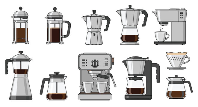 Set of various coffee makers and brewers including espresso machines, moka pots, french presses, and pour over drippers in pixel art style.