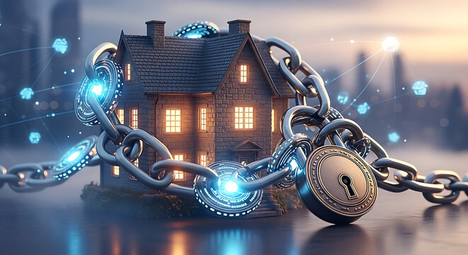 Miniature residential house protected behind a strong metal chain symbolizing secure digital asset tokenization, blockchain real estate investment, and private home ownership safety concept.