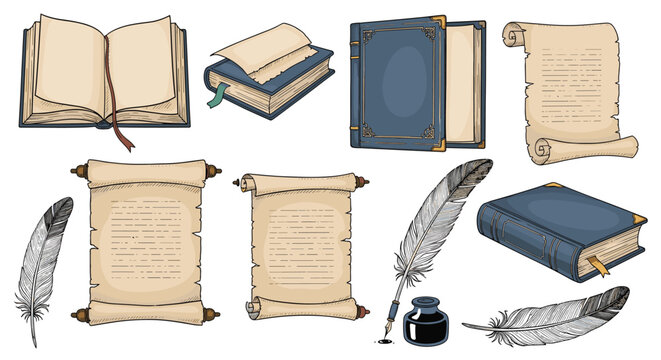 Collection of vintage writing materials including old open books, scrolls of parchment, quills, and an inkwell on a white background.