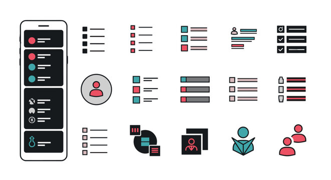 Comprehensive set of user interface icons for mobile applications featuring avatars, list items, and various essential menu elements.