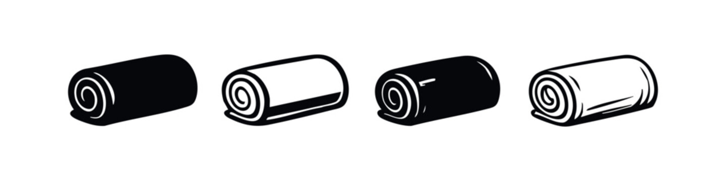 Rolled object icons, set of four black and white outline and solid fill vector illustrations of various styles.