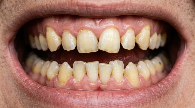 Person showing stained crooked teeth and inflamed gums