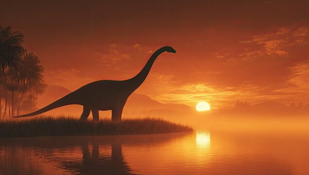 Silhouetted long-necked prehistoric creature by a serene lake at sunset