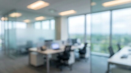 Fototapeta premium A wide, blurred view of a contemporary open-plan office interior with many empty desks, chairs, and large windows overlooking a green landscape.