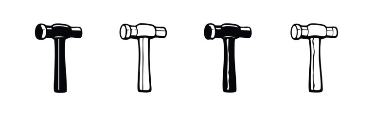 Ball-peen hammer tool icons in various styles for metalworking and construction design.