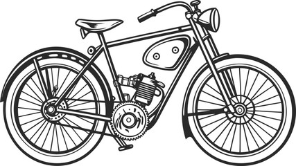 Fototapeta premium Abstract silhouette Vintage Bicycle Side View Mechanical Line Art Illustration, Classic Retro Bike Engraving Style Black and White Vector Drawing Vector illustration, isolated on white background. 