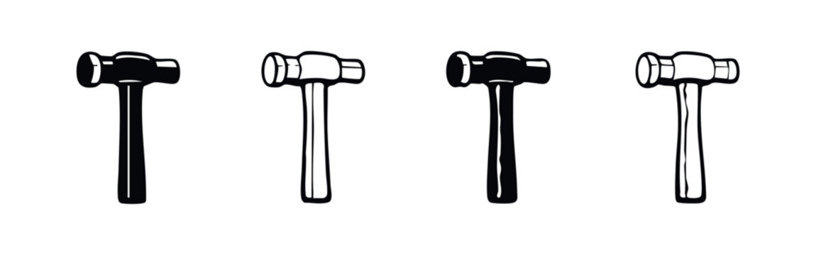 Ball-peen hammer tool icons in various styles for metalworking and construction design.