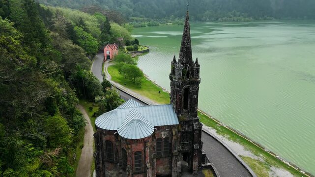 Drone footage Capela de Nossa Senhoras das Vitorias in Sao Miguel Island, Azores archipelago