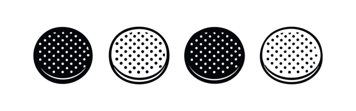 Collection of black and white cookie icons, styled like sandwich biscuits with dotted texture, viewed from above.