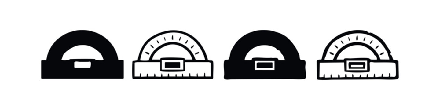 Collection of black and white angle measuring tools, similar to protractors and rulers, in solid and outline vector styles.