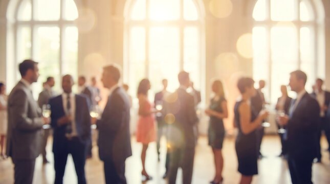 A vibrant and blurred scene of diverse business professionals mingling and networking at a formal social event, illuminated by warm, inviting light from large windows.