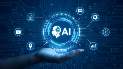 Obraz premium Hand holding glowing AI brain hologram with digital network icons isolated on transparent background