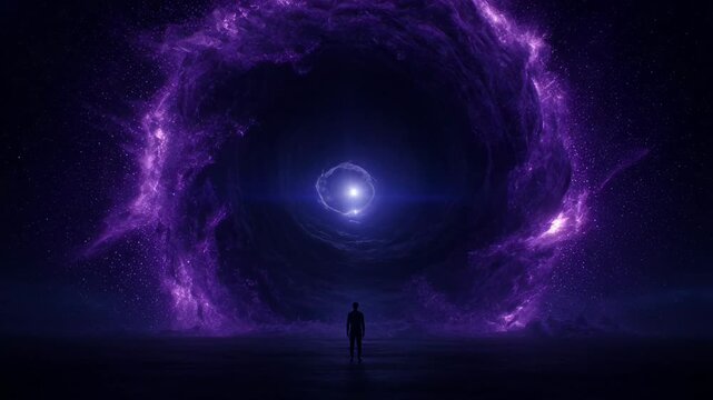 Figure standing, gazing with trepidation and curiosity powerful, swirling violet energy portal. An immense purple vortex cosmic space beckons with mysterious power, evoking wonder and vast unknown