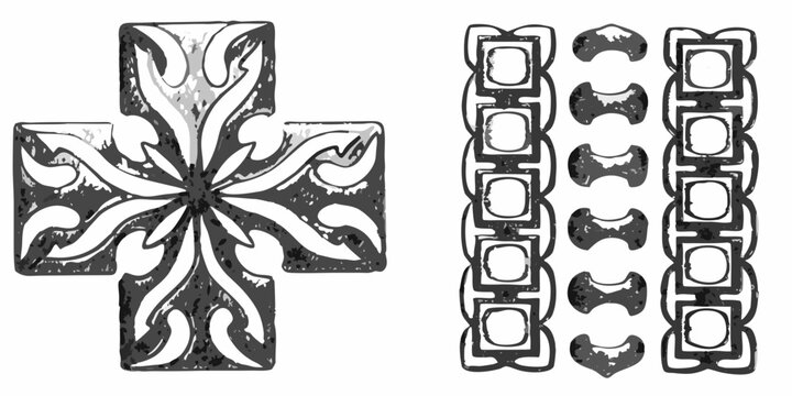 Ornate cross and chain link designs in a vintage sketch style