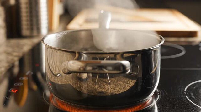 Cookware on stove with boiling water, kitchen background blur